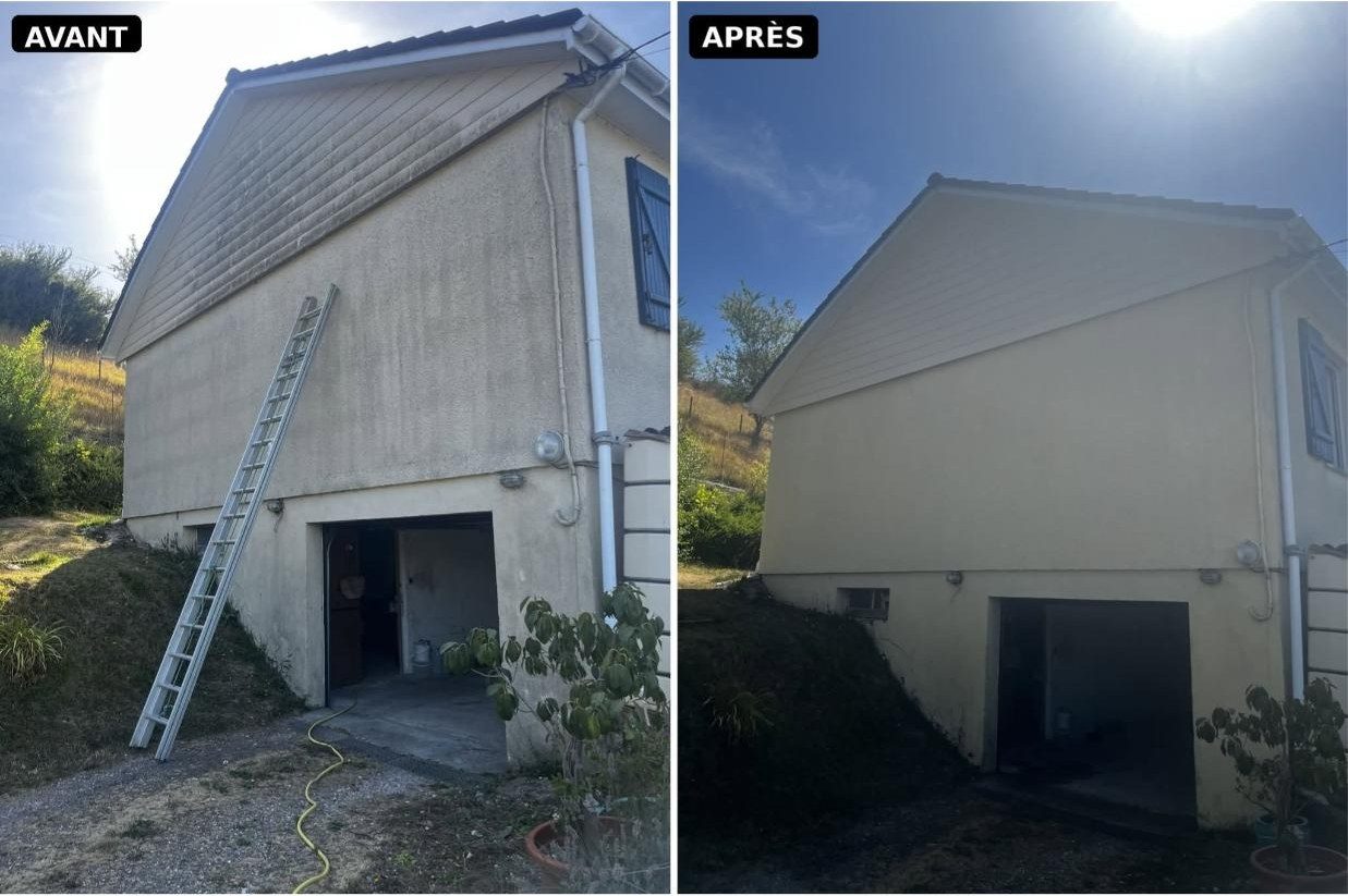 Avant / après d'un nettoyage de façade haute pression réalisé par LNK Peinture près de Dieppe en Seine-Maritime